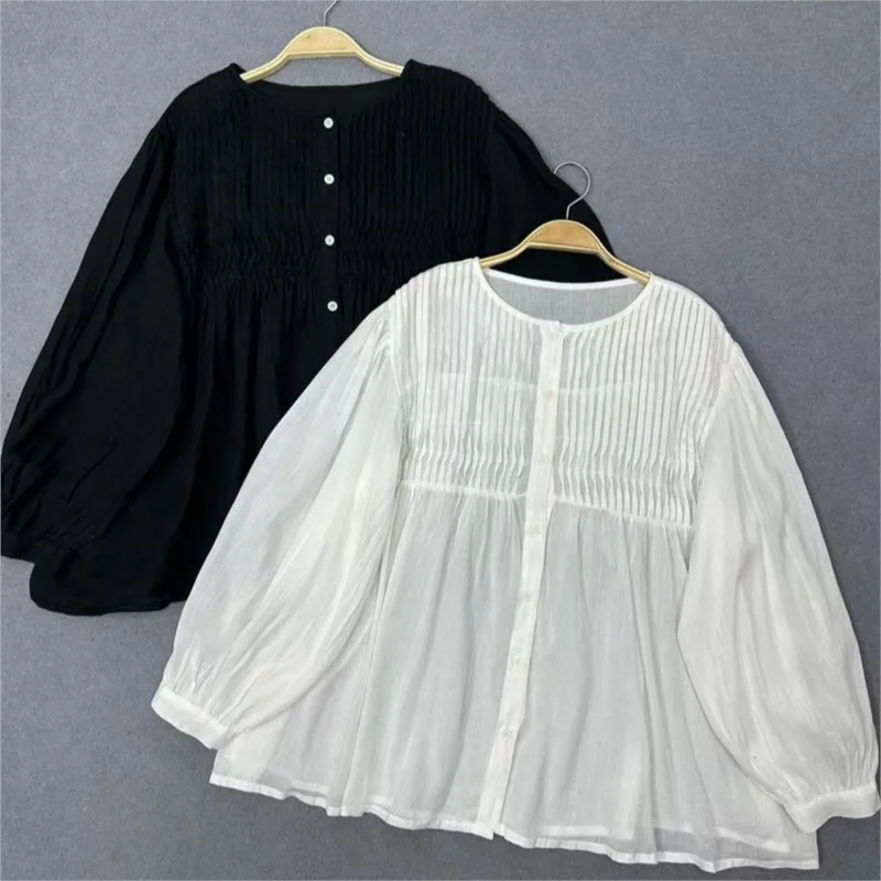 

Johnature Solid Color Black White Casual Ramie Thin Tops 2024 New Vintage Mori O-neck Pleated Loose Women Shirt Blouses