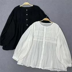 Johnature Solid Color Black White Casual Ramie Thin Tops 2024 New Vintage Mori O-neck Pleated Loose Women Shirt Blouses