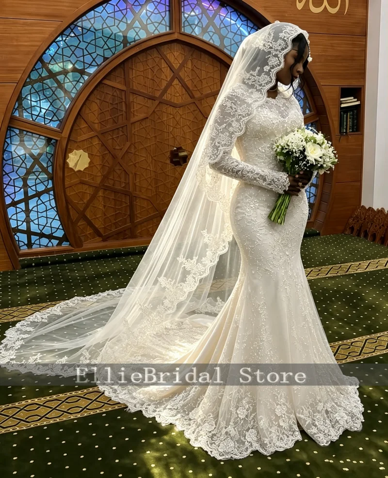 Elegant Wedding Dresses With Veil Lace Applique Mermaid Bridal Gowns Long Sleeves African Women Vestido De Novia Customized
