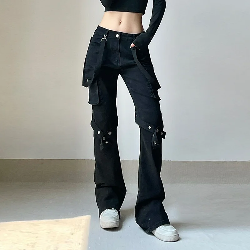 

Dark Goth Punk Style Black Metal Leg Ring Slim Denim Pants Women Streetwear Mall Gothic Pockets Zip Cargo Trousers 90s Jeans Alt