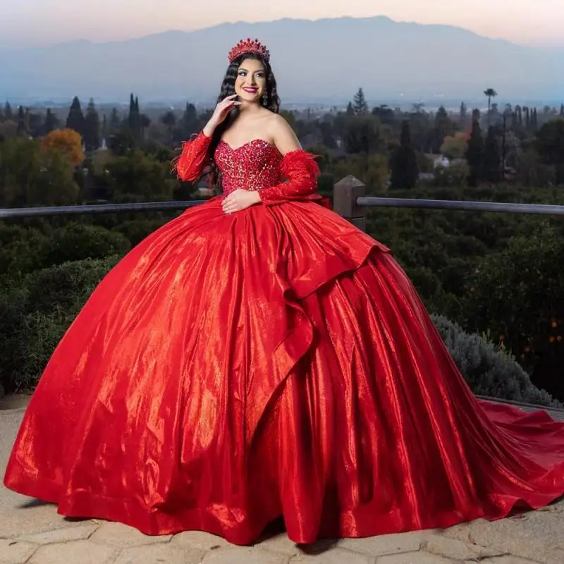 Dostosowane czarne błyszczące suknie balowe z odkrytymi ramionami sukienka na quinceanera dla kokardka dziewczęca koraliki pełne rękawy Vestidos De Quinceanera