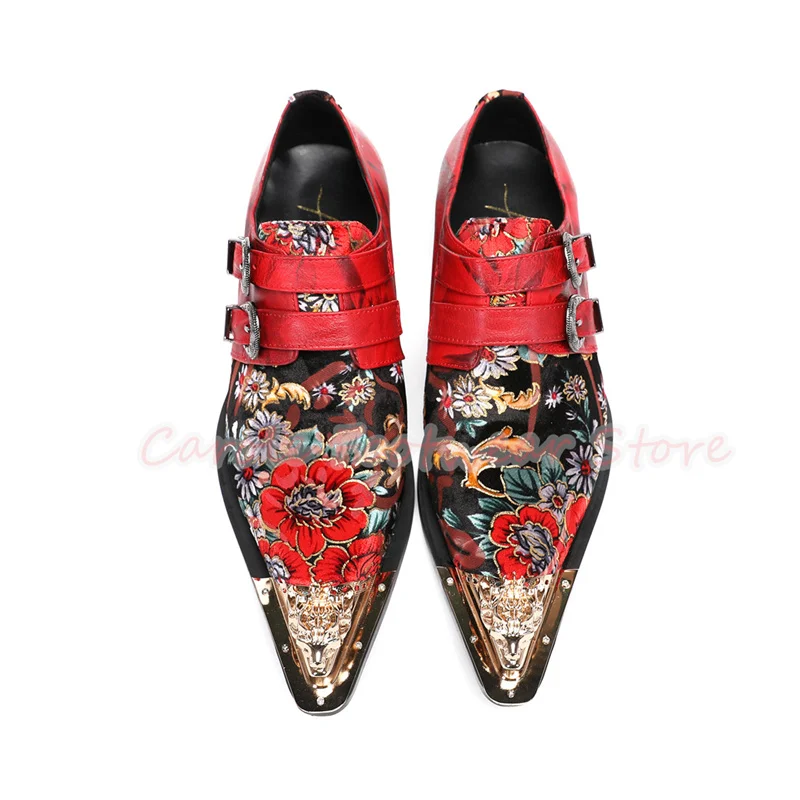 Fashion Design Flowers Prints Male Formals Dress Loafers Vintage Genuine Leather Belt Buckle Derby Shoes Men's Casual Shoes