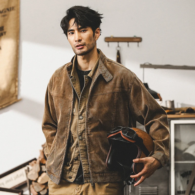 

Amekaji 300gsm Distressed Men's American Retro Heavyweight Corduroy Jacket Loose-Fit Safari Utility Biker Coat for Spring/Autumn