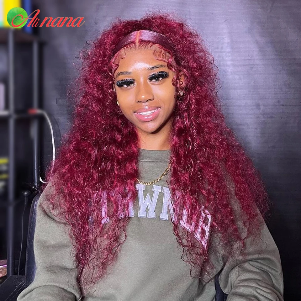 Cherry Red Burgundy Colored Water Wave Lace Front Wigs Pre-Plucked Human Hair Wigs For Black Women Loose Curly Lace Closure Wig