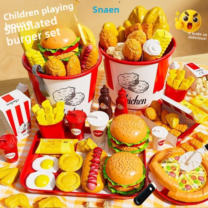 Juguete de simulación de hamburguesas para niños, divertido juego familiar con cubo, papas fritas, pizza, pollo frito, regalo de cumpleaños para bebés