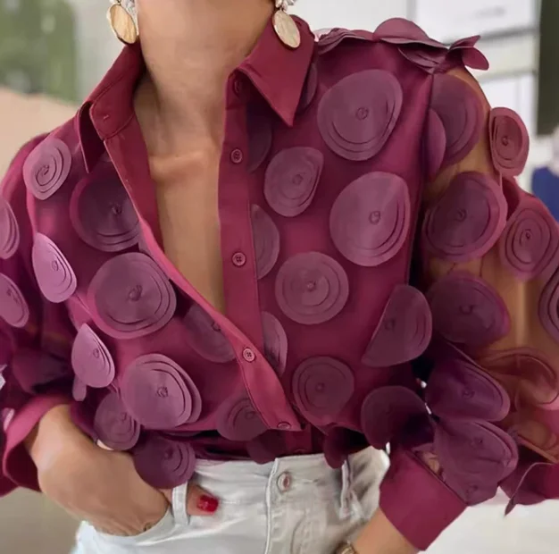 

New Fashion Sheer Mesh Shirt for Women's Clothing Temperament Commuting Female Floral Long Sleeve Elegant Blouses Summer Wear