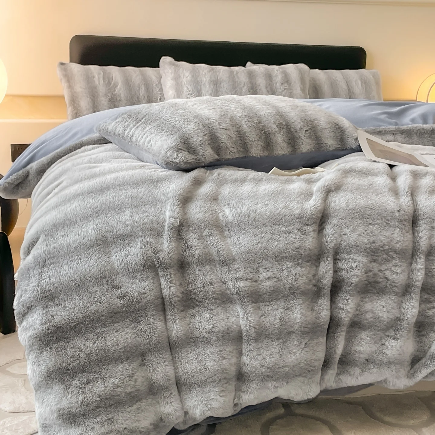 Winter Thickened Warm Faux Rabbit Fur Bedding Set Luxury Soft Fluffy Long Plush Duvet Cover Set Bed Sheet Pillowcases Queen King