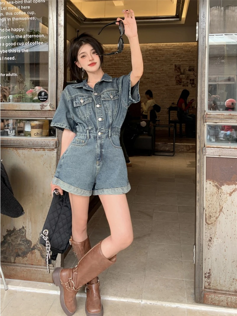 

Sweet Cool Denim Overalls Retro Hong Kong Sle Cuffed orts Women Summer Waist Cinching Slim Wide Leg Pants Suit Set