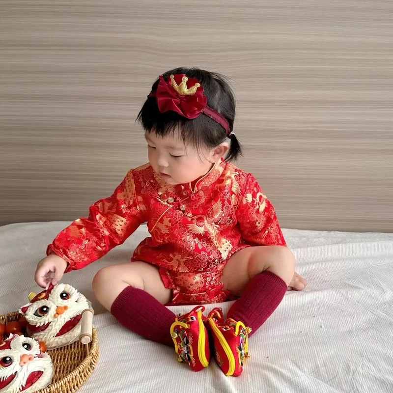 Cheongsam chino para bebés y niñas, trajes de Año Nuevo Chino, mamelucos, vestido de princesa bordado Floral, ropa tradicional