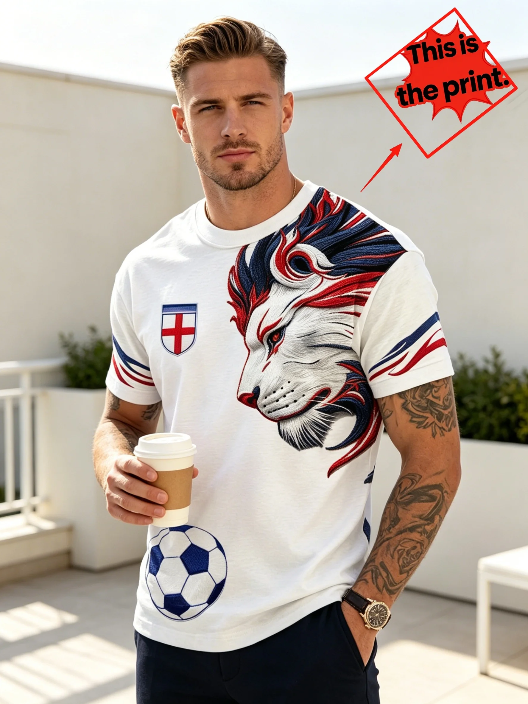 Men's England Lion Football Print T-Shirt White Cross Shield Soccer Crew Neck Casual Top