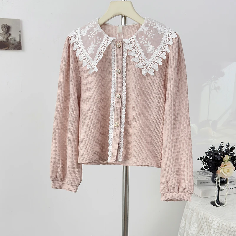 

Matakawa Lace Peter Pan Collar Blouses Sweet Spring Autumn Korean Fashion Women Shirts Elegant Long Sleeve Embroidered Blusas