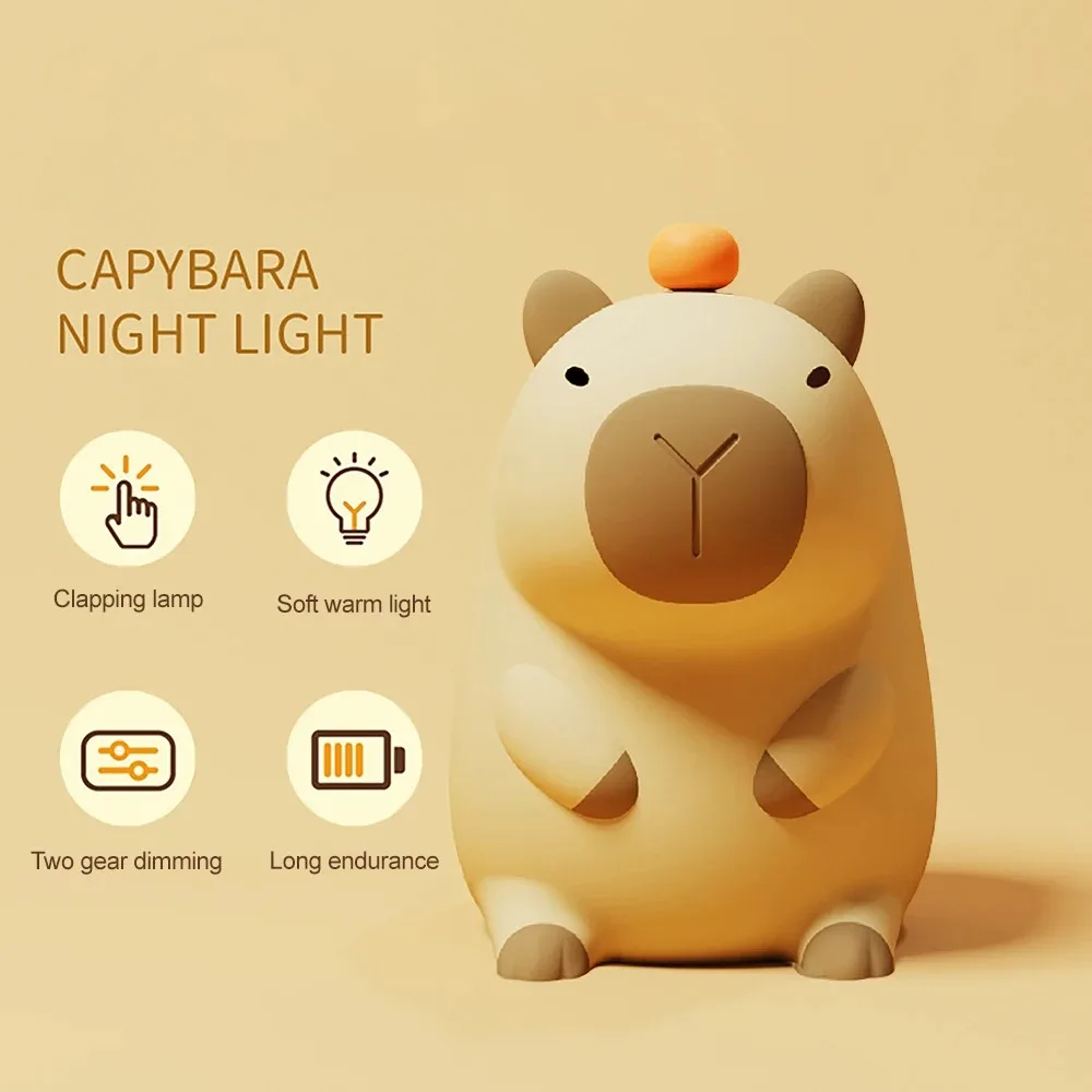 Silicone USB recarregável Animal Night Light, Lâmpadas Capivara bonitos, Luz macia morna, Presente de Natal e aniversário, Decoração de cabeceira do quarto