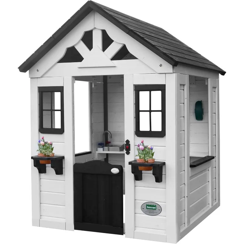 Discovery Sweetwater All Cedar White Modern Outdoor Wooden Playhouse, Cottage, Sink, Stove, Windows,