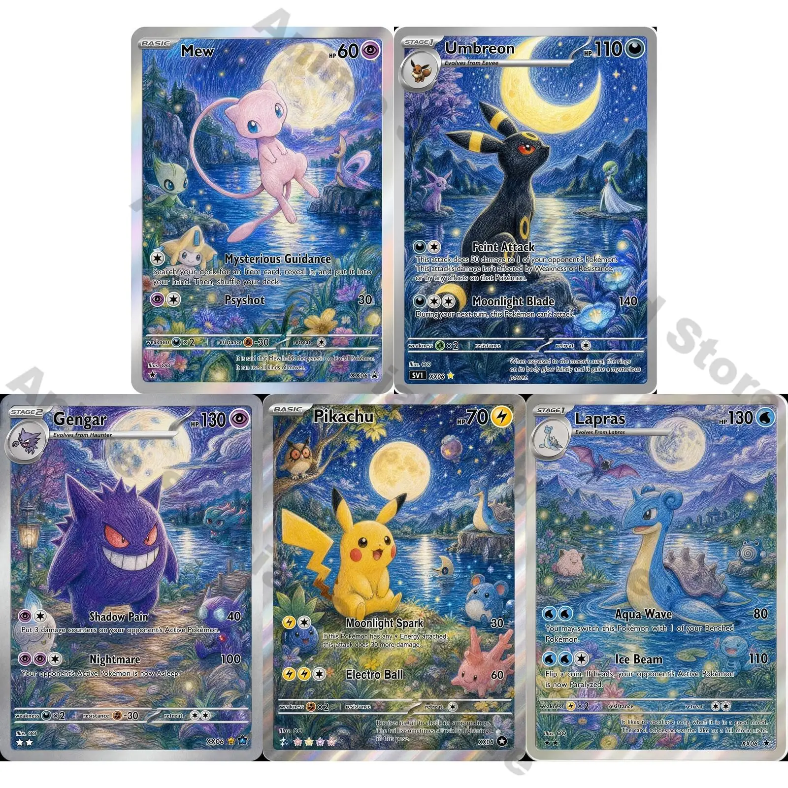 PTCG Cards PTCG Colored Pencil Style Custom Trading Mew Umbreon Gengar Lapras Collection Cards Rare Cards Set PTCG Gift