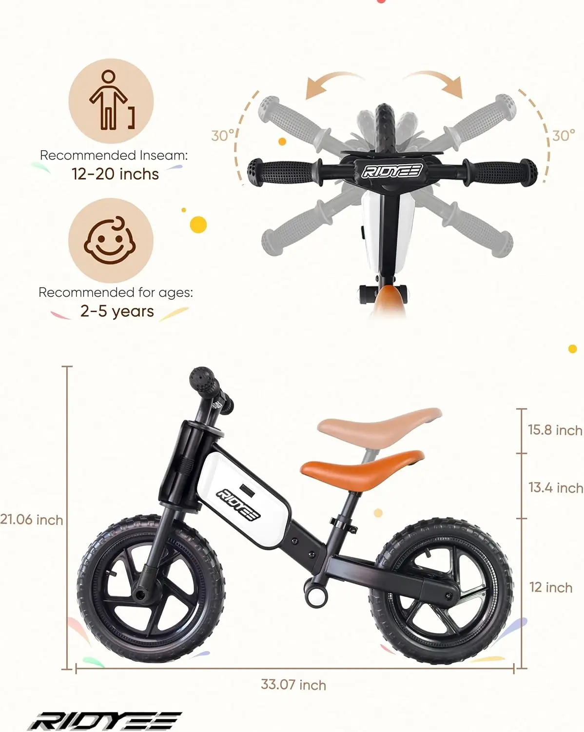 Toddler Balance Bike 2 Year Old, Kids Balance Bike for 2 to 5 Year with Tool-Free Adjustment, Limited Steering, Footrest, Custom