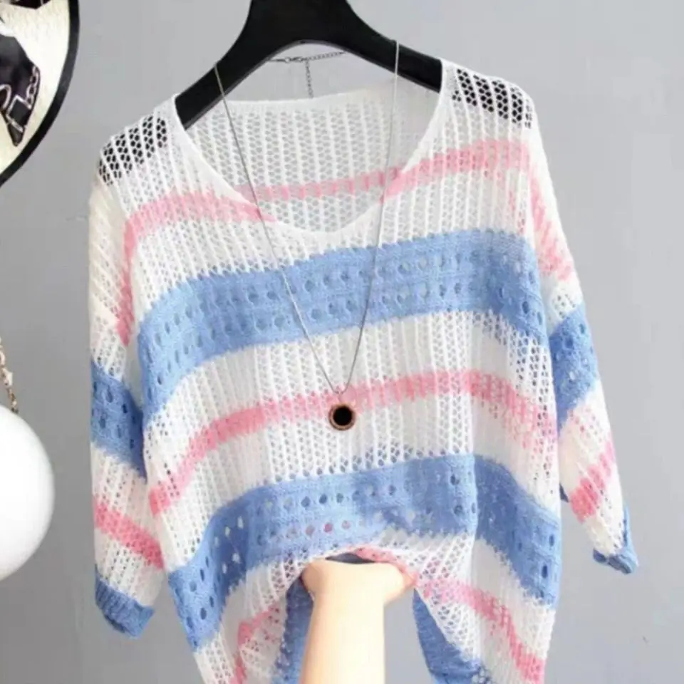 

Hollow Out Constrast Color Three-quarter Sleeves Sweater T-shirt for Women Summer Loose Striped Knit Tops Fashion Women Clothing