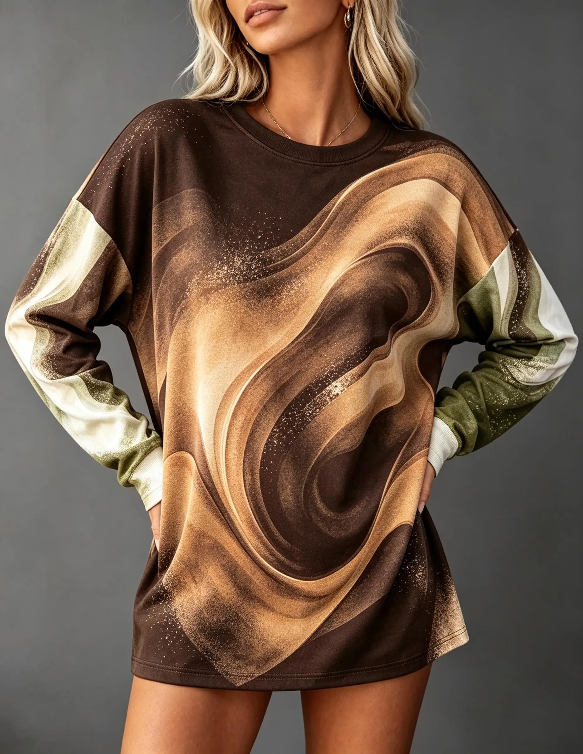 Women Crew Neck Long Sleeve Tunic Dress Faux Brown Marble Swirl Flat Print Oversized Loose Mini