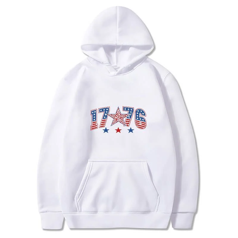

Men Women 1776 USA Flag Graphic Hoodie Oversized White Streetwear Sweatshirt Patriotic Independence Day Casual Pullover Hoodies