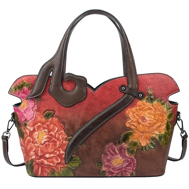 2024 Summer Designer Women Leather Handbags Luxury Style Female Purse Genuine Leather Shoulder Bag Vintage Floral Large Tote Bag