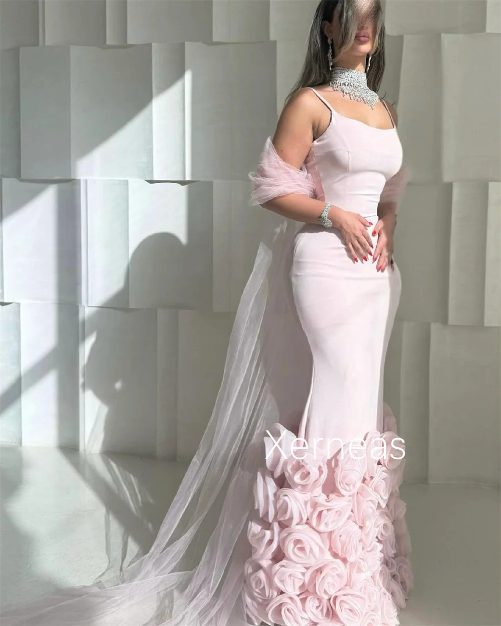 Customized Fashion Jersey Pleat Flower Mermaid Spaghetti Strap Long Dresses Bespoke Occasion Celebrity Chinese Style image 3