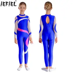 Kids Girls Figure Skating Dance Jumpsuit Long Sleeve Contrast Color Bodysuit Acrobatics Rhythmic Gymnastics Performance Costume