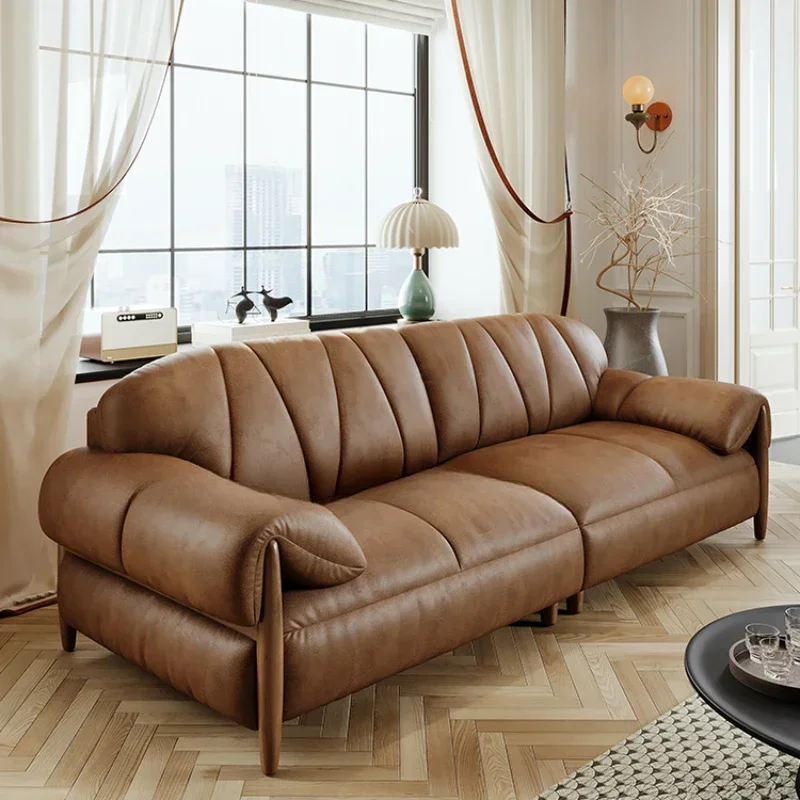 Retro style oil wax leather leather sofa first layer cowhide 2024 new leather art sofa home living room straight row