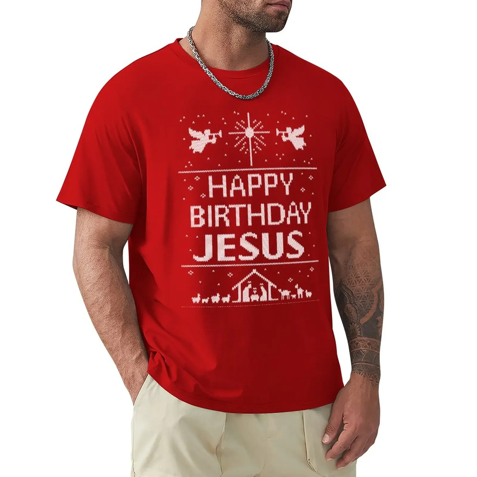 Happy Birthday Jesus-น่าเกลียดเสื้อสเวตเตอร์คริสต์มาส scandinavian knit สีแดงขาวศาสนาคริสเตียนเสื้อยืดเหงื่อสำหรับผู้ชาย