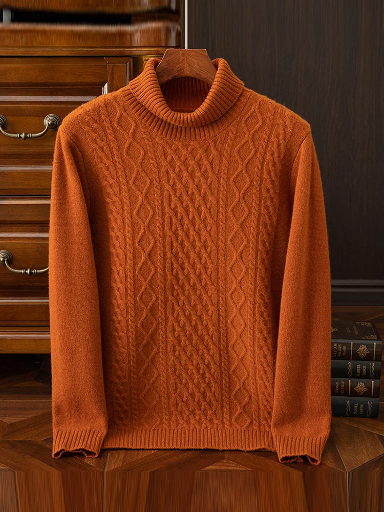 2023 High-End Men's Turtleneck Pullover Winter Thickened Pure Wool Knit Sweater Solid Color Jacquard Sweater Loose All-Match