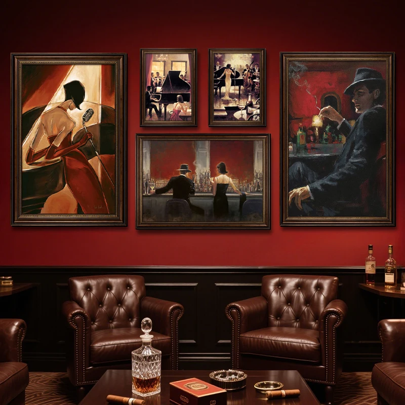 Industrial Style Whiskey Cigar Wall Art, American Pub Bar Decoration, Nightclub Smoke Lounge Mural, Vintage Painting