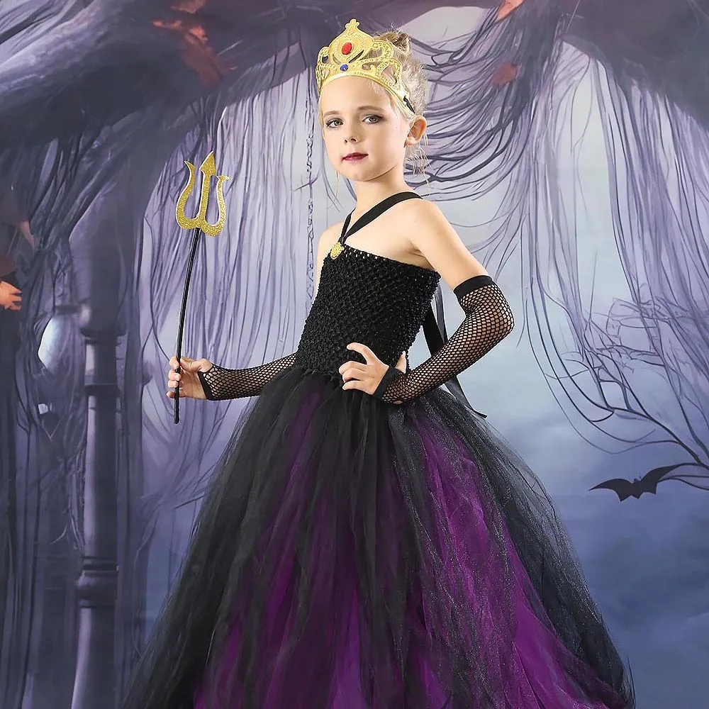 

Girls Halloween Cosplay Costume Purple Mesh Fluffy Queen Princess Gown Dress and Crown Makeup Ball Clothes 2-12Y