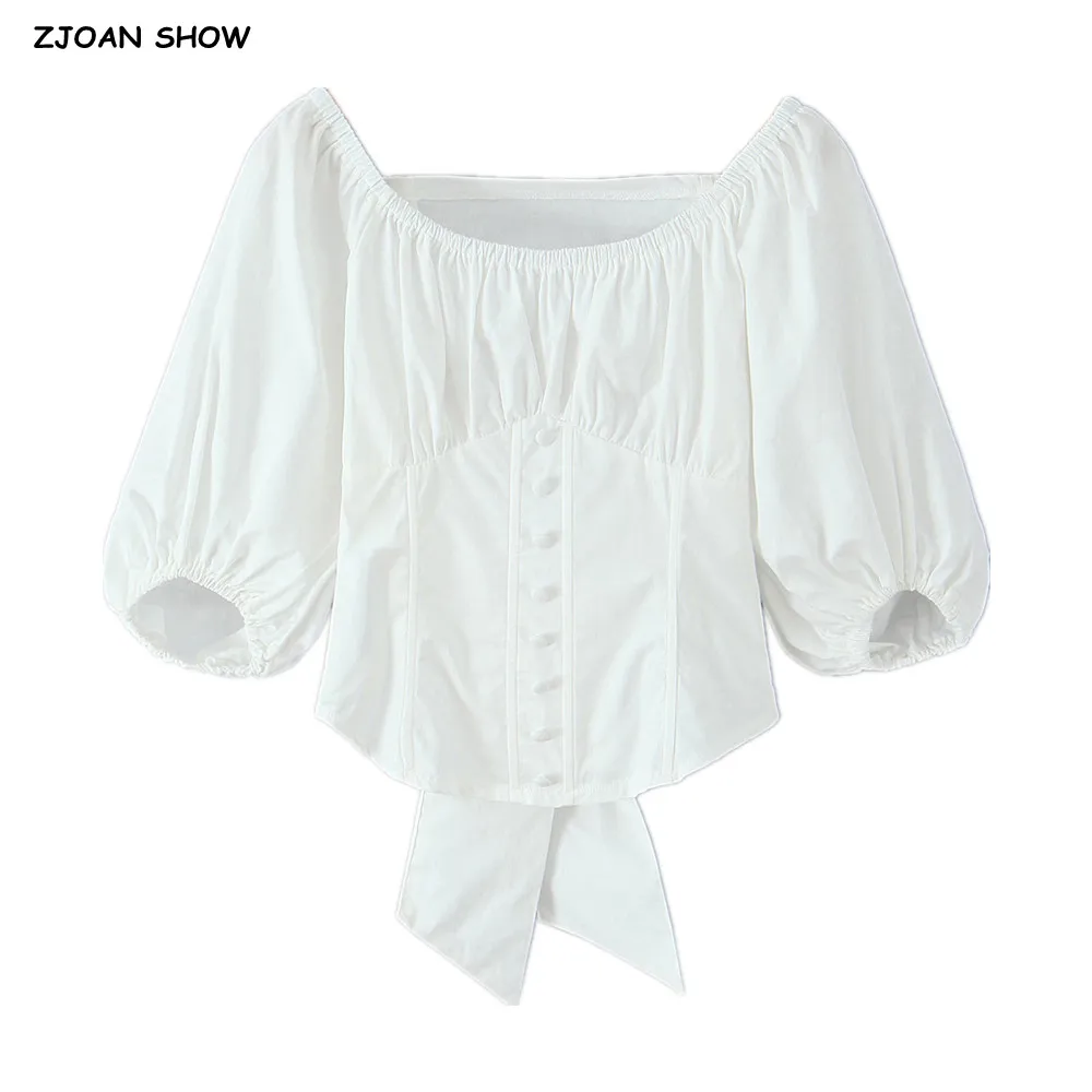 

2 colors 2025 Stylish Elastic Ruched Chest 3/4 Lantern Sleeve Shirt Women Tie Bow Lacing Up Sashes Back Crop Tops Blouse Femme