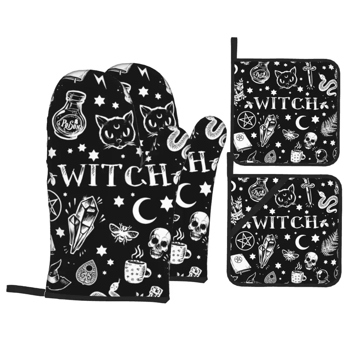 Witch Pattern Oven Mitts and Pot Holders Sets of 4 Halloween Heat Resistant Kitchen Gloves Potholders for Cooking Grilling