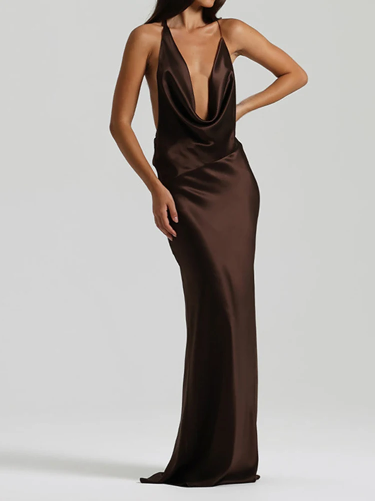 Vestido largo liso sin mangas y espalda descubierta para mujer, vestidos de fiesta ajustados con cintura sin espalda, vestido elegante con tirantes de satén y cuello en V