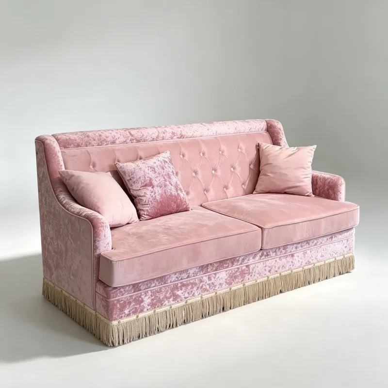 French light luxury pink flannel sofa living room American retro wind fringed edge pull button small apartment snowflake velvet