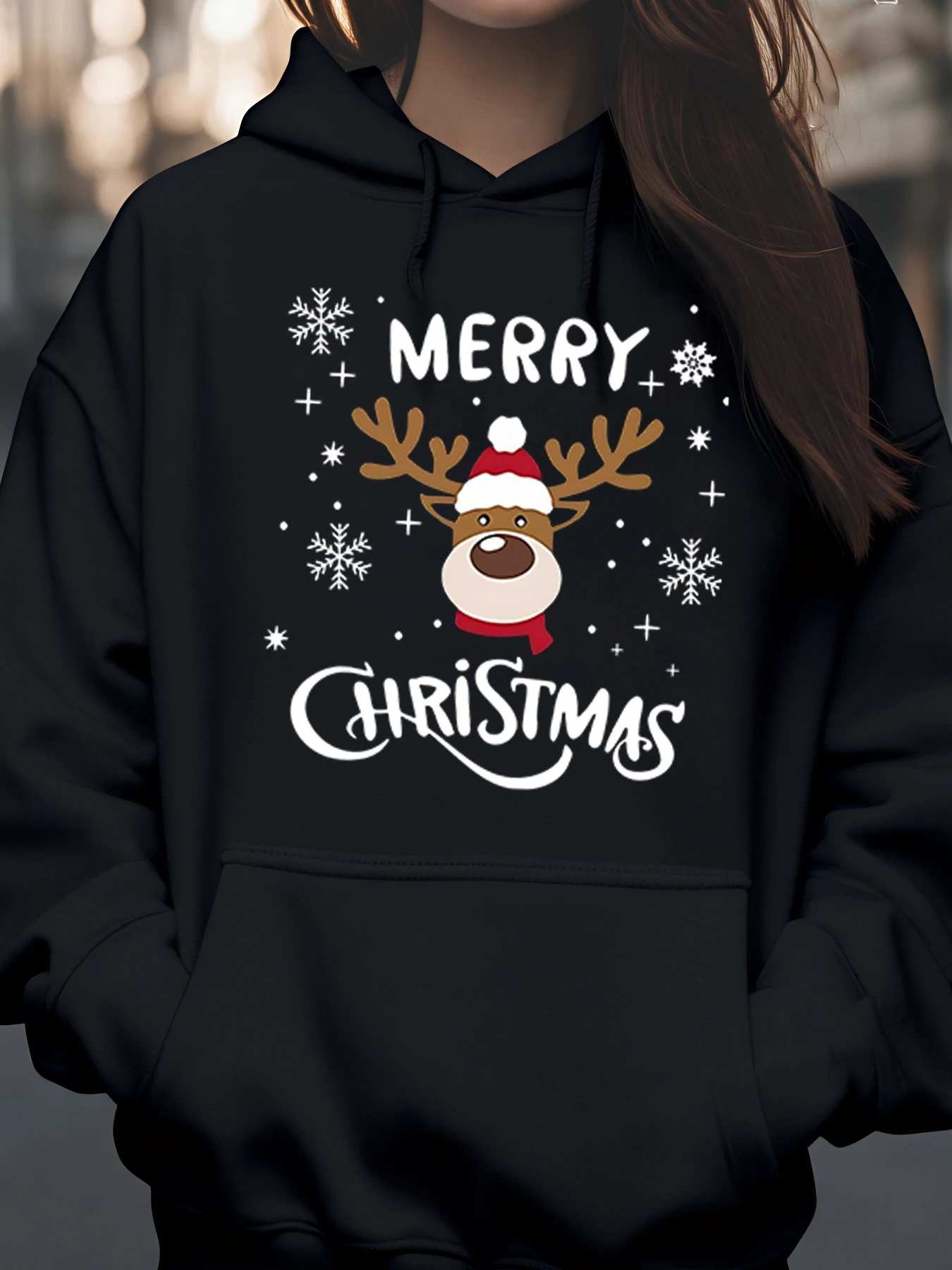 Reindeer Merry Christmas Print Hoodie Holiday Casual Wear Women's