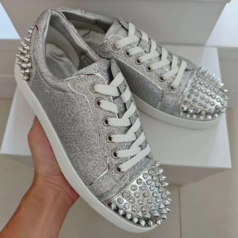 

mens punk hip hop spikes studded shoes silver natural leather rivets shoe lace-up flats designer sneakers womens trendy footwear