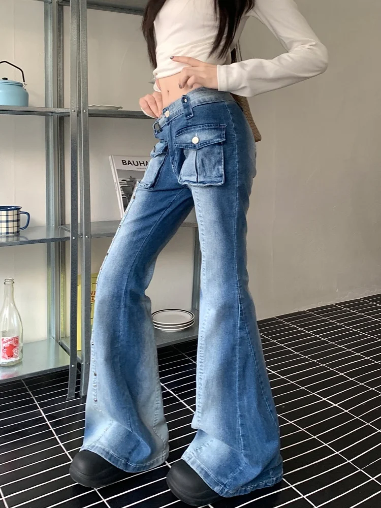 

Винтажные синие джинсы-клеш с заклепками Y2k 2000-х годов, винтажные синие джинсы с низкой посадкой, женские джинсовые брюки 90-х годов с расклешенными низами и карманами в стиле ретро