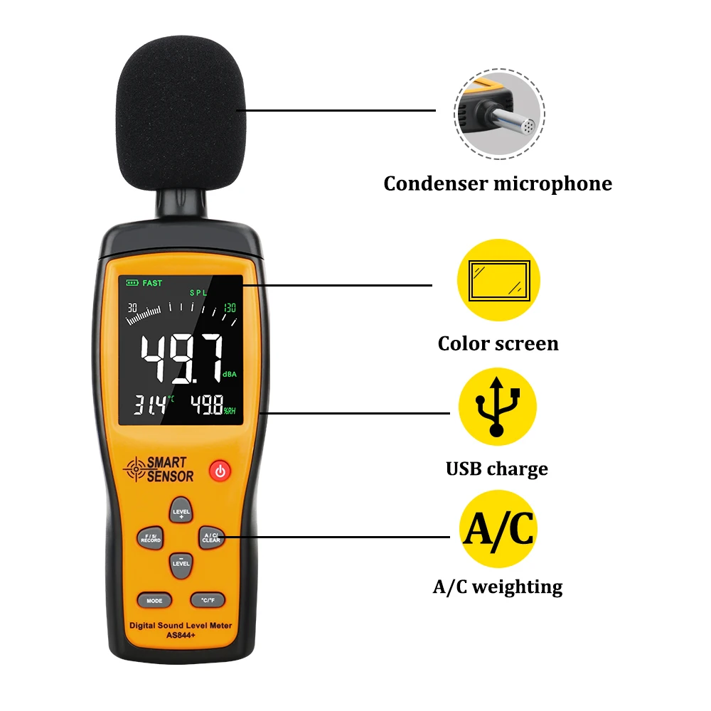 Digital Sound Level Meter Decibel Audio Tester 30~130 dBA Color LCD Display Automotive Microphone db Noise Meter