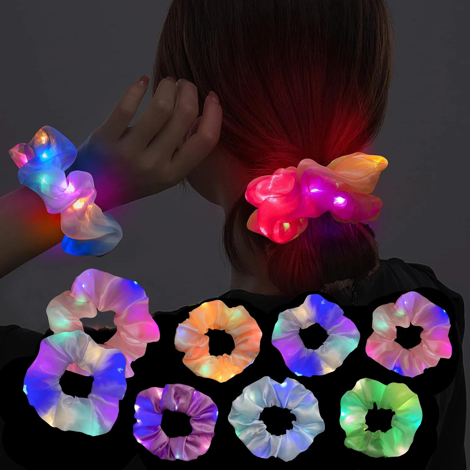 LED Light Up Hair Scrunchy Luminous Flashing Hair Bands For Girl Women Bar Supplies Glow Scrunchie Hair Accessories