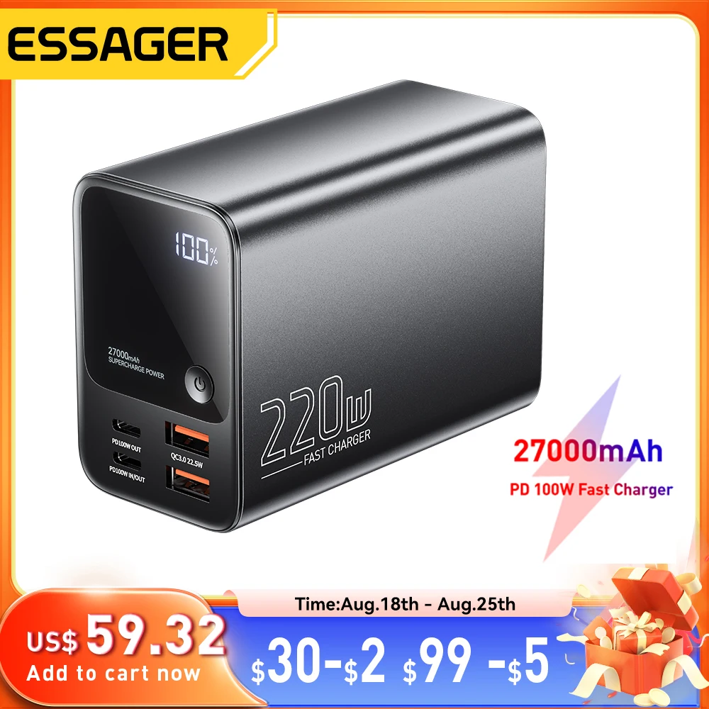 Essager 27000mAh Power Bank 100W PD QC3.0 Fast Charging External Spare Battery For iPhone 15/14/13/12 Xiaomi Macbook Air Laptop 