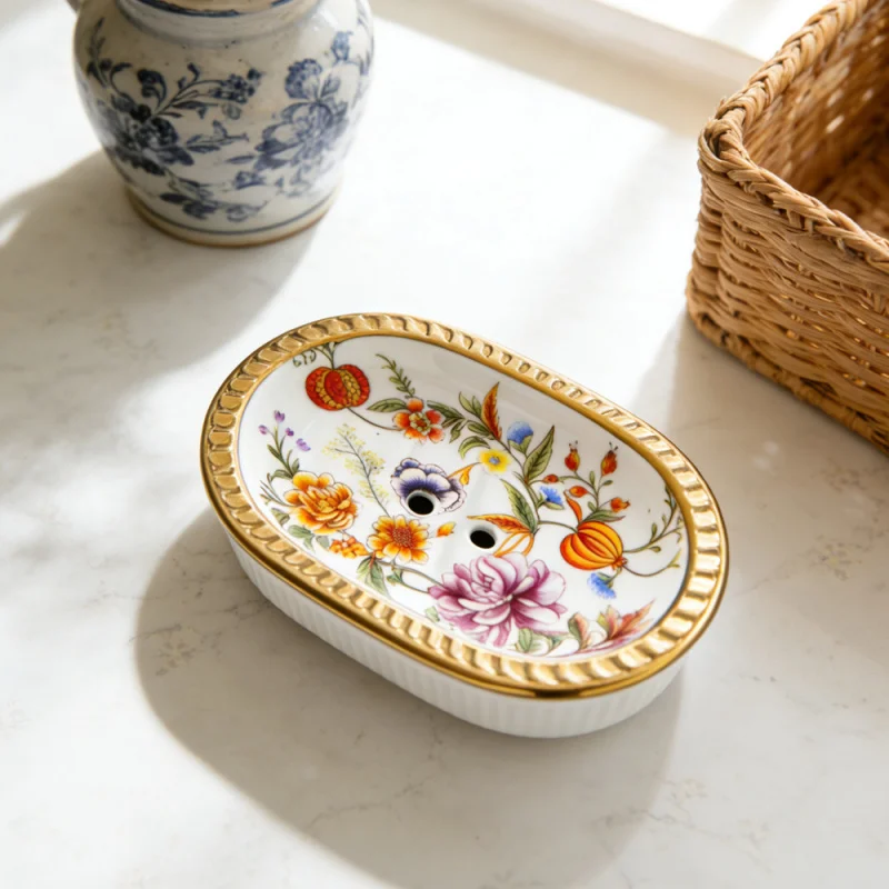 

American-style ceramic soap dish with double-layer drainage for bathroom washbasin