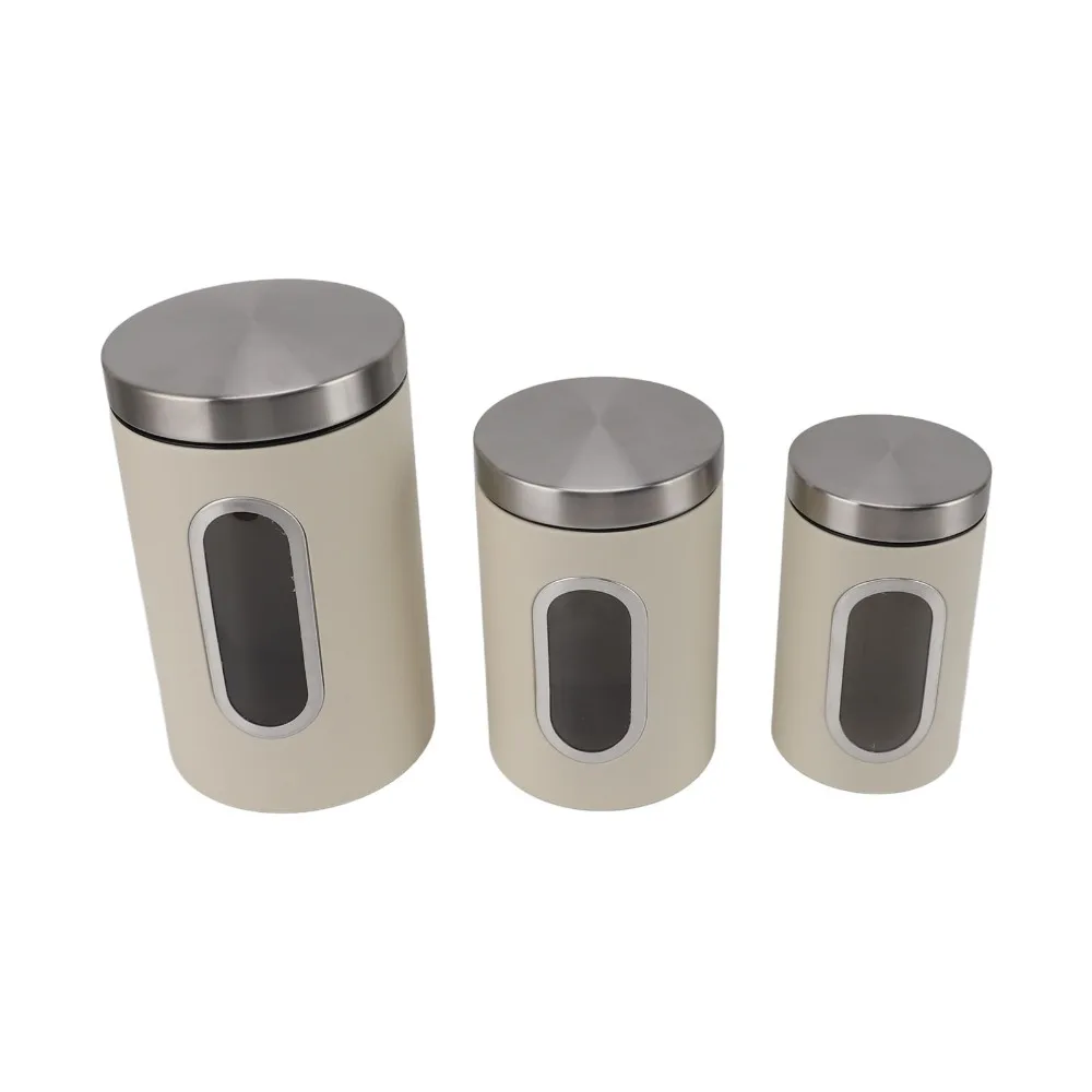 3PCS Practical Iron Kitchen Canisters Set s/m/l Beige/Black Food Storage Jars Airtight Container Set Kitchen Countertop