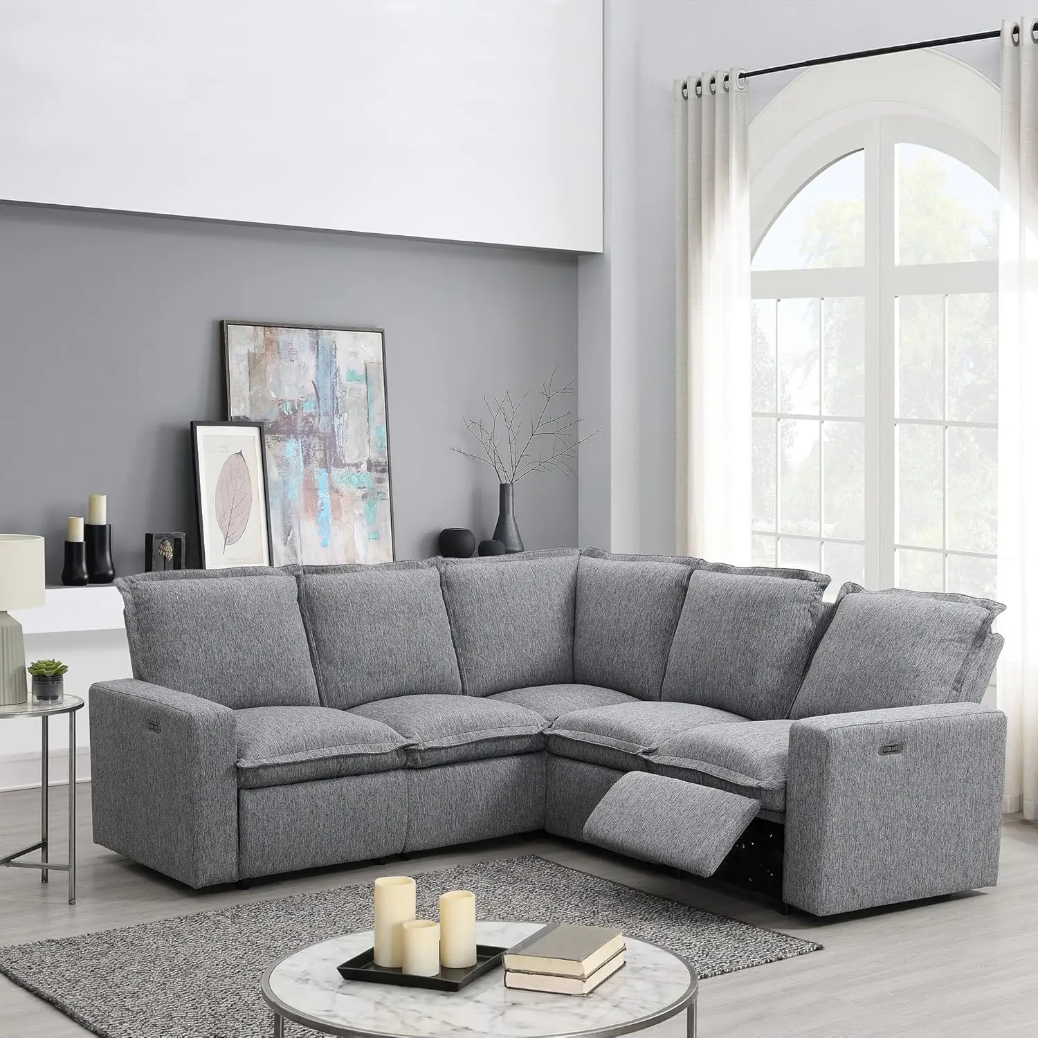 

L-Shaped Sectional Sofa 5-Seat Convertible Sofa with Power Recliner Chair and USB Port Linen Fabric Upholstered Couch Couch