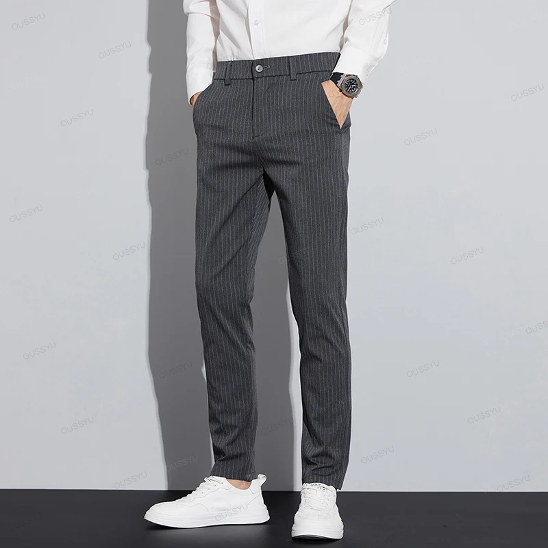 High Quality Brand Clothing Autumn Stripe Suit Pants Men Fashion Business Solid Color Office Slim Long Casual Trousers Male 28-3