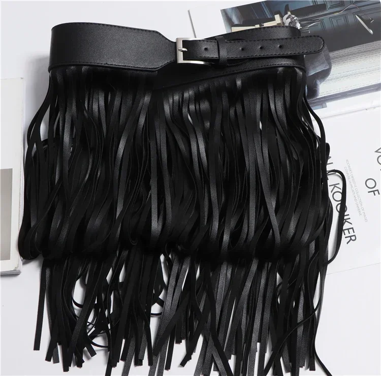 Women's Gothic Black Tassels Long Skirt Ladies High Waist Fashion Punk Style Slim-Fit Elegant Leather Skirt with Belt Autumn