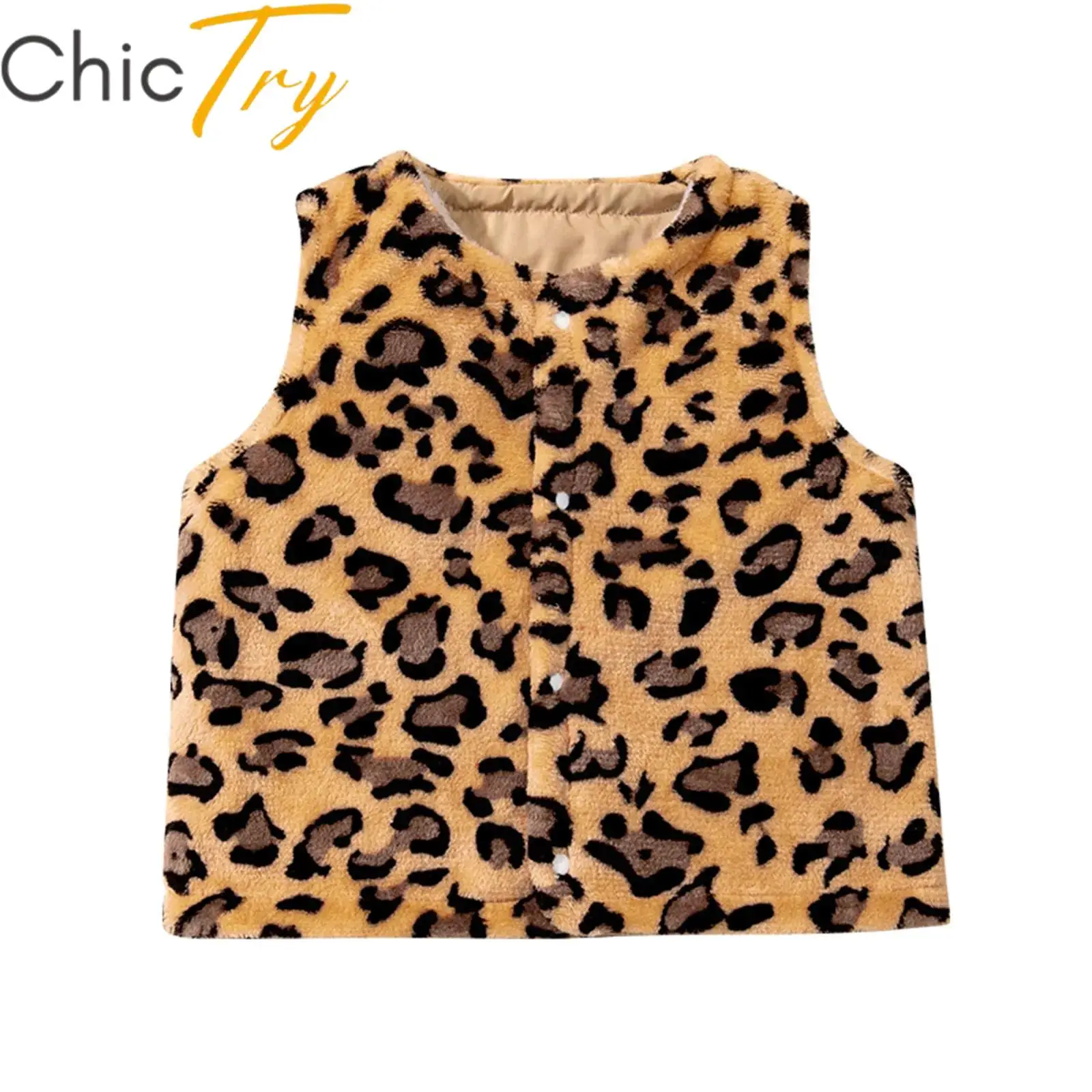 

Kids Girls Boys Waistcoat Leopard Print Vest Outwear Cute Keep Warm Halloween Party Press Buttons Jacket for Outer Wear Cold Day