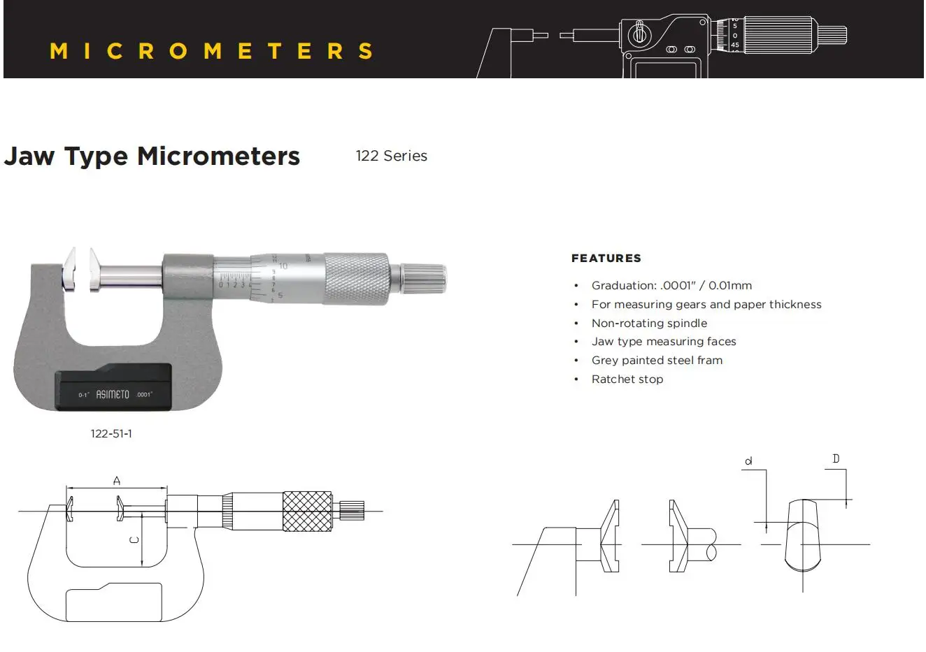 2025 Asimeto 122-53-0 measuring range 50-75mm graduation 0.01mm Jaw Type Micrometers