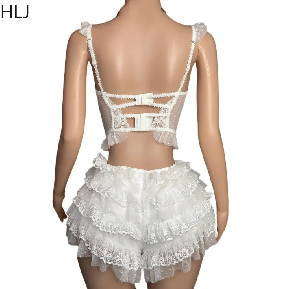 HLJ Lace Sexy Embroidery Sheer Two Piece Sets For Women Thin Strap Tank Top And Ruffle Mini Skirts Shorts Outfits Party Clubwear