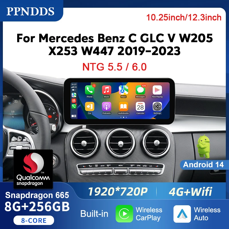

PPNDDS Android 14 Carplay Auto Radio Touch Screen For Mercedes Ben C GLC V W205 X253 W447 NTG 5.5 6.0 2019-2023 Smart Car System