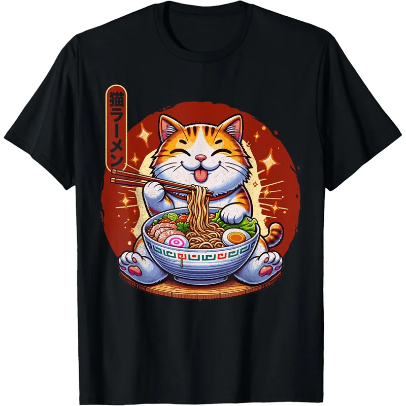 Funny Cat Pattern T-Shirt For Women Seafood Noodles 3D Printed Short Sleeves Summer Leisure Tees Round Neck T Shirts Loose Tops